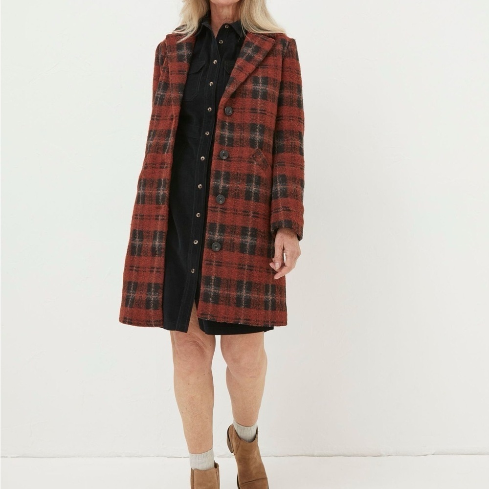 Fat Face Red and Black Checkered Pea Coat Size 12 NWT